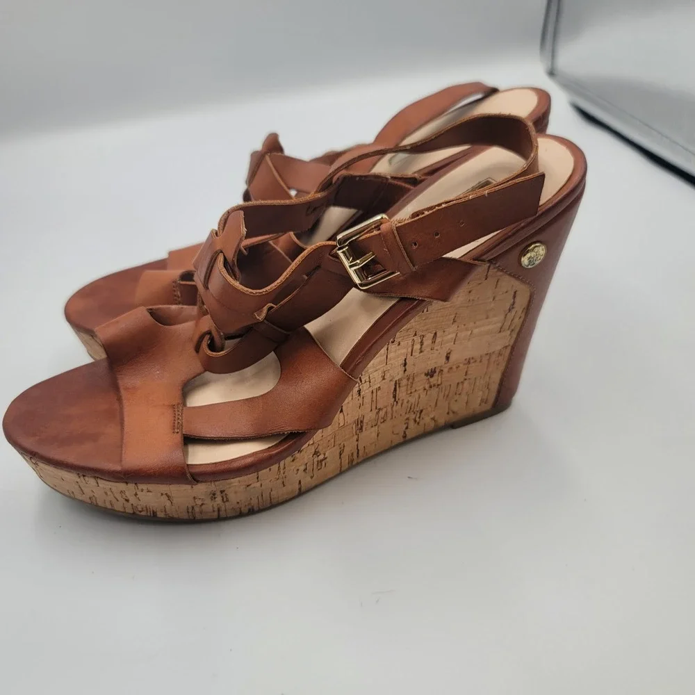 Guess Womens Cognac Brown Leather Strappy Cork Boho Platform Wedge Sandals
